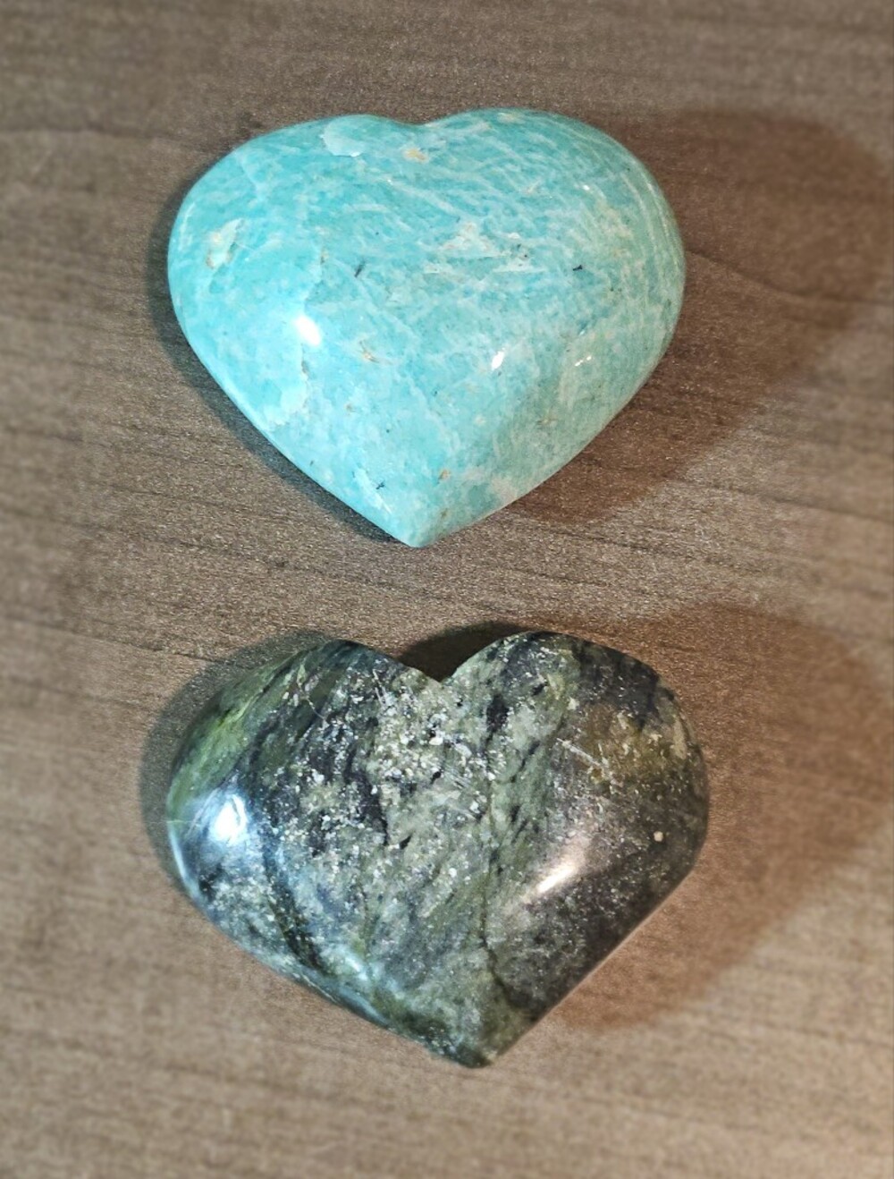 Dual Crystal Heart Set – Natural Amazonite & Stichtite in Serpentine Carvings